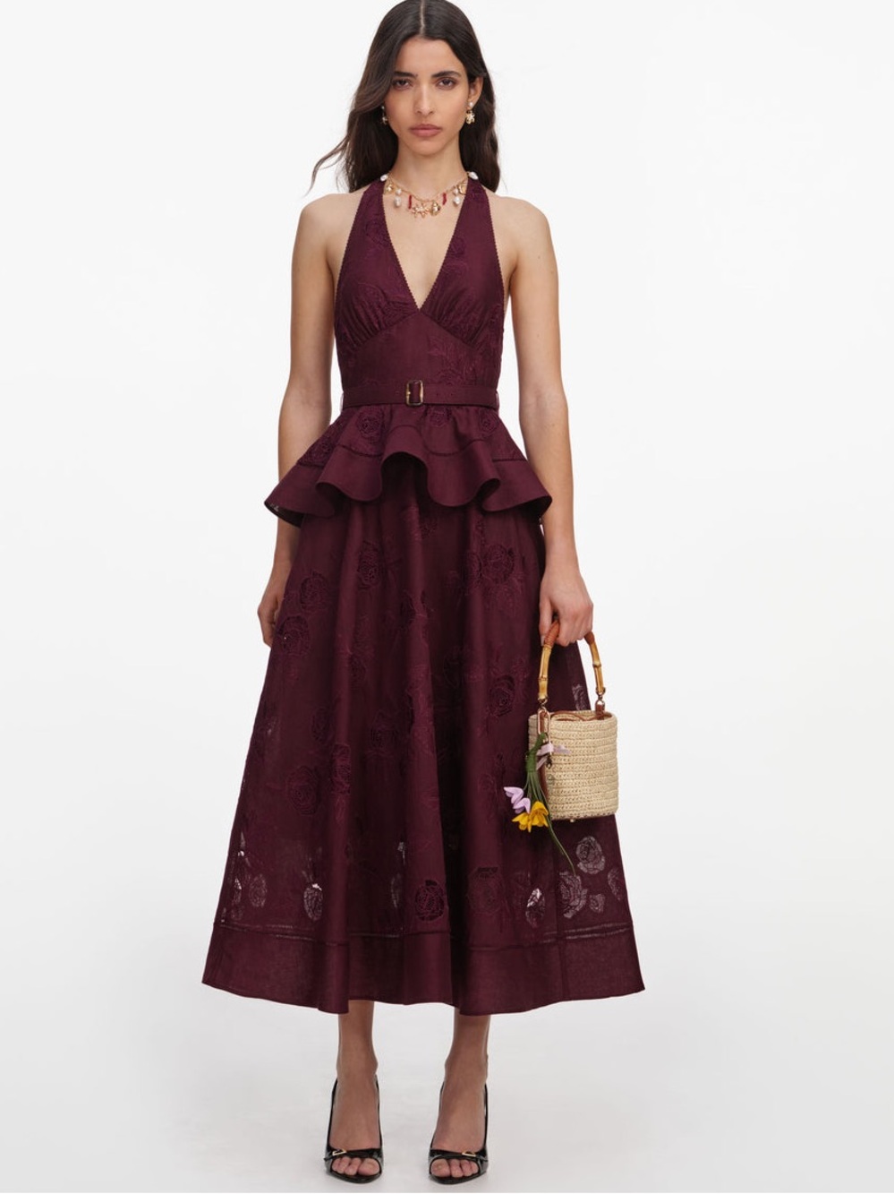NWOT Self-Portrait PLUM LINEN BLEND PEPLUM MIDI DRESS